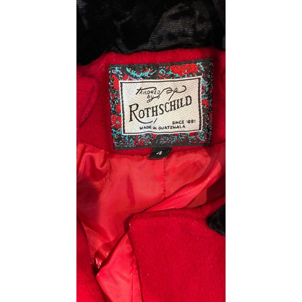 Vintage Rothschild Girls Size 4 Red 100% Wool Coat Black Velvet Bow Holiday - Picture 7 of 13